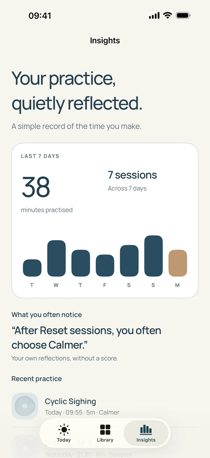 Insights: “Your practice, quietly reflected.” 38 minutes practiced across 7 sessions in the last seven days.