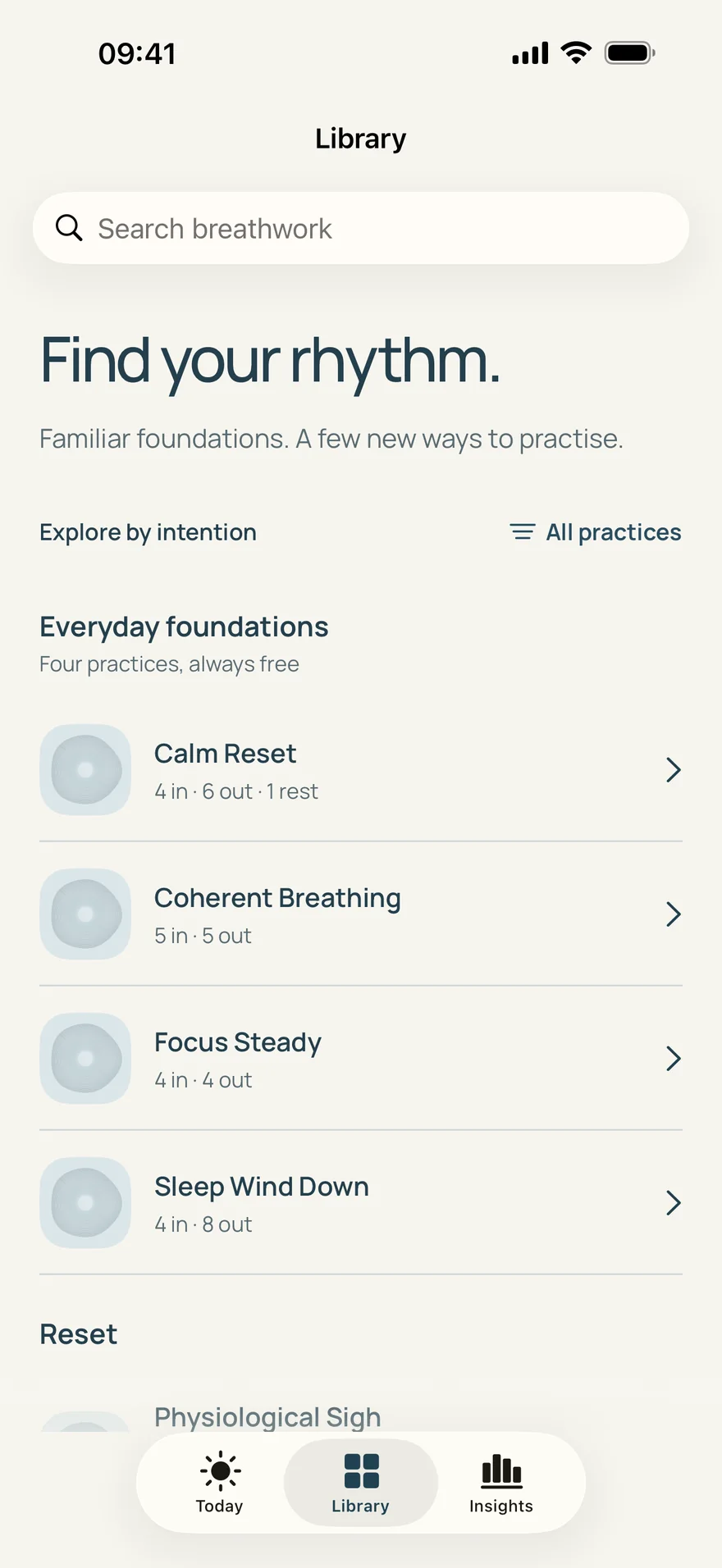 The Library: “Find your rhythm.” Everyday foundations are listed first, four practices always free.