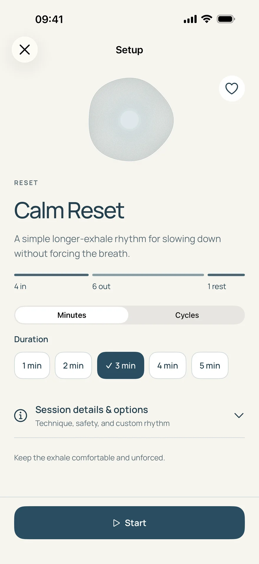 Setup for Calm Reset: 4 seconds in, 6 out, 1 rest, with minutes or cycles and a choice of duration.