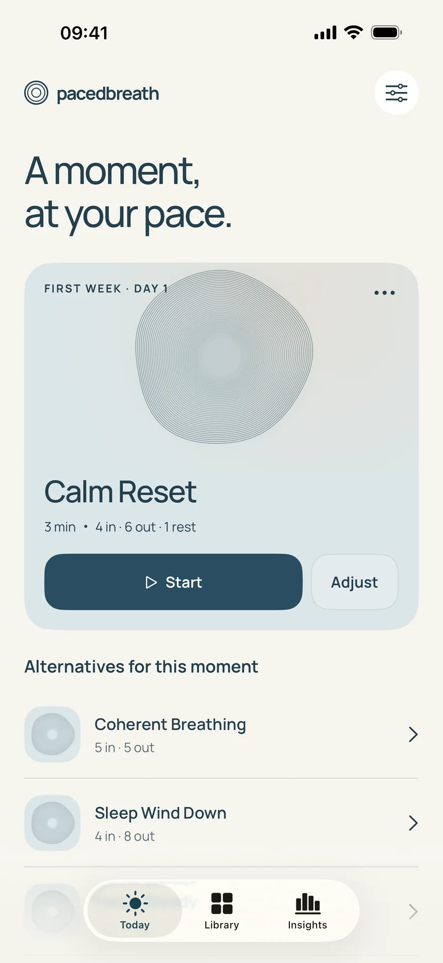 PacedBreath Today screen reading “A moment, at your pace.” Calm Reset is suggested for three minutes with Start and Adjust buttons.